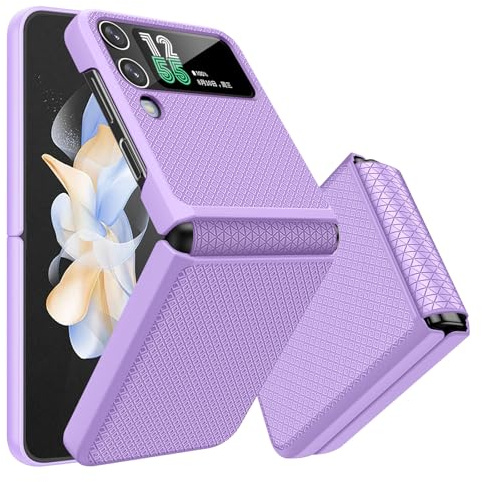 Giyer Handyhülle für Samsung Galaxy Z Flip 4 Hülle mit Displayschutzfolie Scharnierschutz, Rutschfester Textur Hard PC Rugged Stoßfest Schutzhülle für Samsung Z Flip 4 5G Flip Case Cover (Lila)
