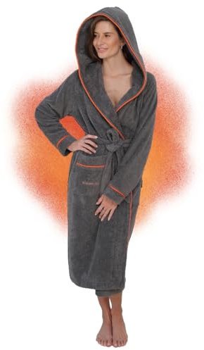 ELEVAVIDA Bademantel Damen mit Kapuze aus kuscheliger Baumwolle grau - extra weich und bequem - Größe M - Frottee Sauna Bademantel lang - OEKO-TEX zertifiziert