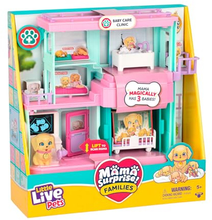 Set de Jeu Little Live Pets Mama Surprise Families Clinique pour bébés, Découvre 3 bébés Retrievers, Set de Jeu Double Face (27,8 cm × 23,8 cm), Nourris, Lave et Joue, Cadeau Amusant pour Les Enfants