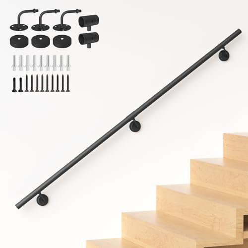 NArra 5FT Industrial Metal Stair Handrail,Round Pipe Stair Railing for Indoor/Outdoor Steps,Wall Mount Support Staircase Handrail,440LBS Load Capacity Hand Rail,Safety Grab Bar Porch Stairway Railing