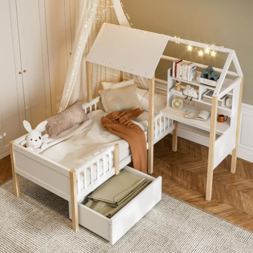 Sweiko Lit Enfant Multifonctionnel en L avec Rangement Intégré