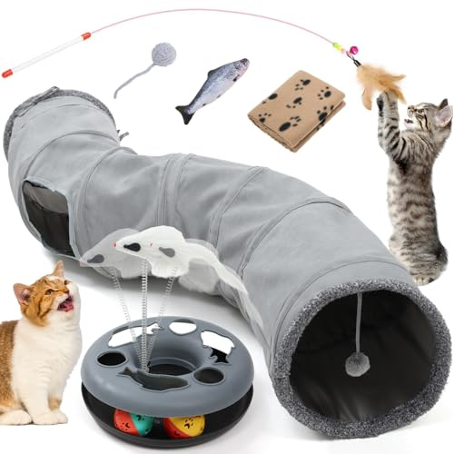 Cat Tunnel Cat Toys for Indoor Cats Adult, Interactive Toys Set with Spining Balls, Feather Wand, Fish, blanket and Ball toy, Kitten Toys for Boredom, Cat Accessories