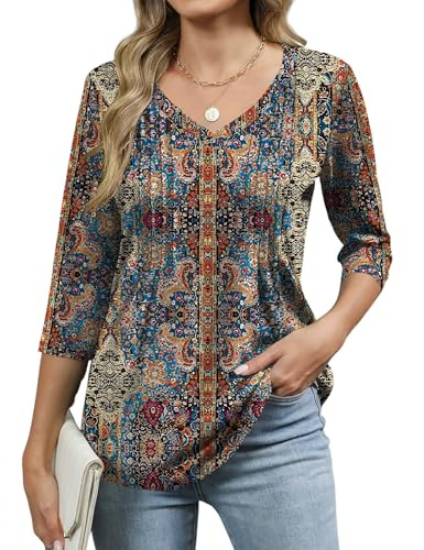 IECCP Camiseta de verano para mujer, manga 3/4, cuello en V, plisada, estampado floral, blusa tipo túnica, camisas casuales elegantes 2025, Estampado étnico retro, M