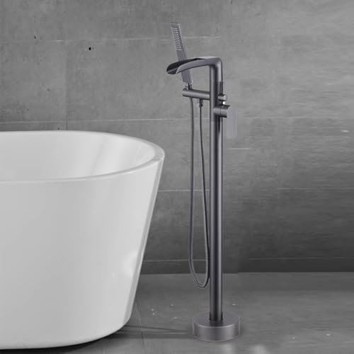 Billg Grifo Bañera Exenta Cascada con Ducha de Mano, Mezclador Agua Monomando Fría y Caliente, Montado en El Piso Grifos de Ducha de Llenado de Bañera Grifo de Baño de Latón, Giratorio 360°