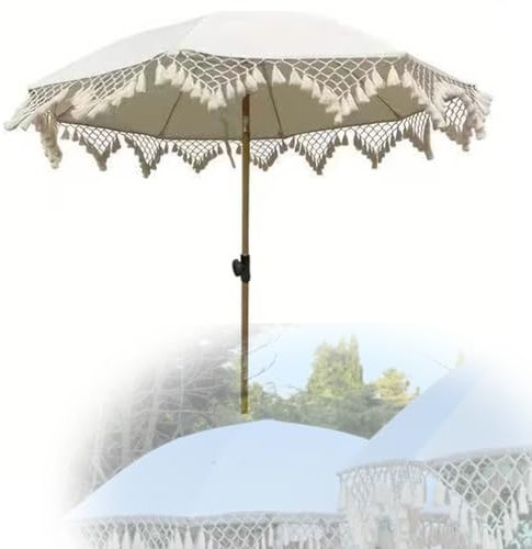 RTVGNSZSJL 200cm Parasol De Plage avec Franges Parasol De Marché avec Mât Inclinable Parasol À Franges Vintage, Parasol De Patioe Bohème pour Terrasse, Piscine, Pelouse
