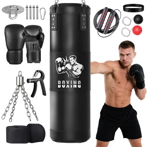 Boxsack Set Erwachsene Ninonly 120CM Schwere Boxsack mit Boxhandschuhe,Reaktionsball,Handkrafttrainer,Springseil für MMA Karate Kickboxing Boxen Home Gym Training - Ungefüllt