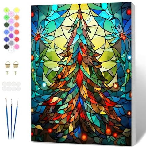 Fumupe Christmas Paint by Numbers for Adults Beginner with Frame, Stained Glasses Tree Painting by Numbers on Canvas, DIY Acrylic Painting Kit Art and Crafts Gifts for Home Wall Decor, 8x12 inch