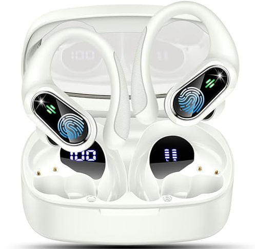 Auriculares Inalambricos Deportivos, Auriculares Bluetooth 5.3 con HD Mic y Reducción de Ruido ENC, 50H Cascos Inalambricos Bluetooth HiFi Estéreo, Pantalla LED, IP7 Impermeable Cascos Running, Blanco