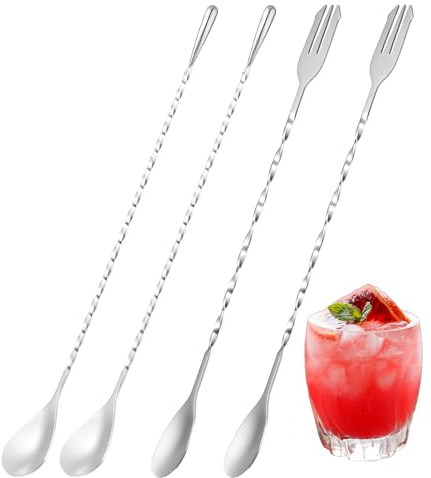 4PCS Cocktail Spoon Long Handle Bar Spoon, 12inch Stainless Steel Bar Long Spoons with Spiral Pattern, Metal Spoons Drink Mixers with Trident Tip for Cocktails Coffee Bars Accessories