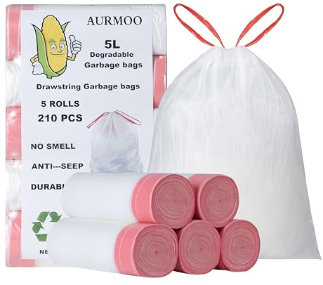 AURMOO Soppåse 5L med Dragband, Müllbeutel, Biologiskt Nedbrytbara Soppåsar med Dragsnöre, Droppsäker Sopsäckar, Bioavfallspåsar, 210 Stycken(B32XH35cm, Vit)