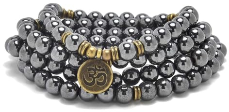 108 Perline Mala in Pietra Naturale Gioielli Yoga Bracciale e Collana da Meditazione con Ciondolo Om (Hematite (Ematite))