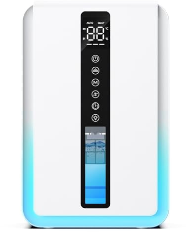 Deumidificatore Casa con 2500ml, Deumidificatore Casa Muffa con Modalità Sospensione e Timer 6-48 Ore, Controllo Umidità Automatico (≥50% RH),7 Luci RGB, Protezione da Overflow, Defrost Automatico,