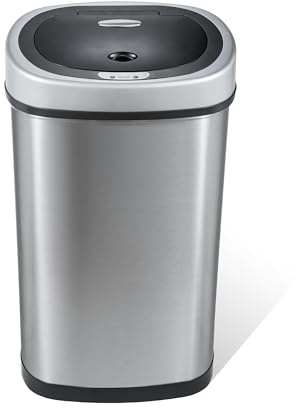 Ninestars 13 Gallon Oval Automatic Trash Can, 50L Touchless Motion Sensor Kitchen Garbage Can with Odor-Sealing Black Lid, Silver Stainless Steel