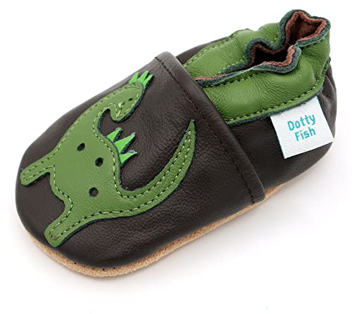 Dotty Fish Babyschuhe aus weichem Leder – rutschfeste Hausschuhe mit weicher Sohle, leicht und atmungsaktiv, als Krabbelschuhe geeignet, Unisex - Braune und grüne Dinosaurier 6-12 Monate