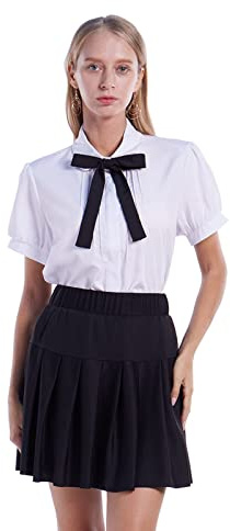 ETOSELL Womens Button Down Shirt Short Sleeve White Cotton Peter Pan Blouses White Collared Dress Shirt with Bow Tie