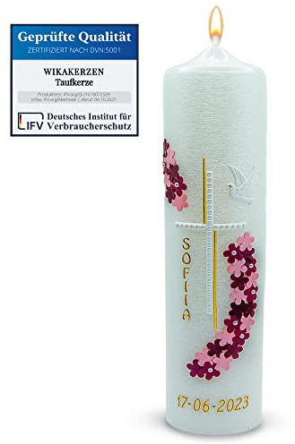 WikaKerzen Taufkerze Mädchen Perlmutt mit Blumen 25x6 cm zur Taufe Konfirmation Kommunion Firmung = Taufkerze Konfirmationskerze Modern und klassisch Stumpe mit Namen und Datum Perlmutt Struktur