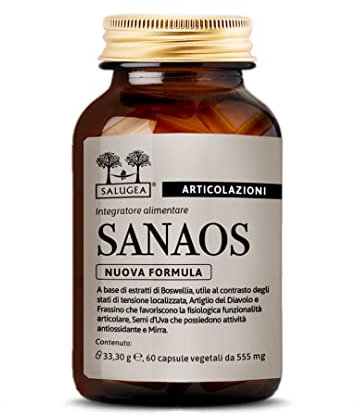 Sanaos Salugea, Integratore naturale per articolazioni, tendini e legamenti. Con Boswellia, Artiglio del Diavolo, Frassino, Mirra e Semi d’Uva. 60 capsule, in Vetro Scuro