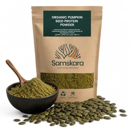 Samskara Proteína Vegana Ecológica de Semillas de Calabaza BIO | Proteína Vegetal Sin Gluten | Tostada y en Polvo | Pipas de Calabaza Naturales para Batidos de Proteínas Keto (500 G)