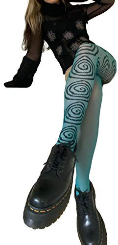 YESUN Damen Y2K lange Strümpfe, E-Girls durchsichtig, schmal, Strumpfhose, modische Strumpfhose mit süßem Blumendruck Gr. One size, blau