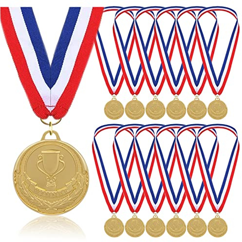 Donrime 12 Pieces Gold Medals for Awards - Winner Medal Metal with Neck Ribbon Prizes for Kids, Adults, Sports Day, Spelling Bees, Competitions, Party, 2 Inches