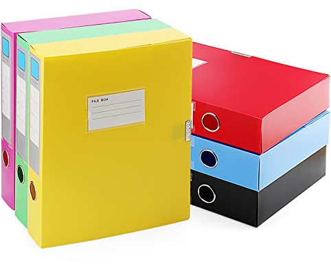 HAKZEON 6 Pack Assorted Colour A4 Box Files, 55mm Spine A4 File Folders with Fabric Hook and Loop Closure, Plastic File Holder Box for Office Home