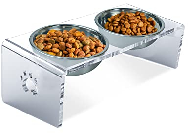 Giznzg Katzennapf, Hundenapf, Erhöhte Futternäpfe für Katzen und Kleine Hunde, 15° gekippte Futterstation, mit Halter aus Acryl, Zwei Edelstahlschalen (10-12cm Höhe)