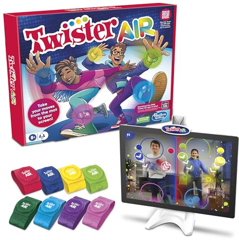 Hasbro Gaming Le Jeu Twister Air Comprend 4 Bracelets Twister Air, 4 Bandes de Cheville Twister Air, Un Support pour Appareil avec Clip, Base et Poteau, et des règles de Jeu pour Les Enfants de 8 Ans