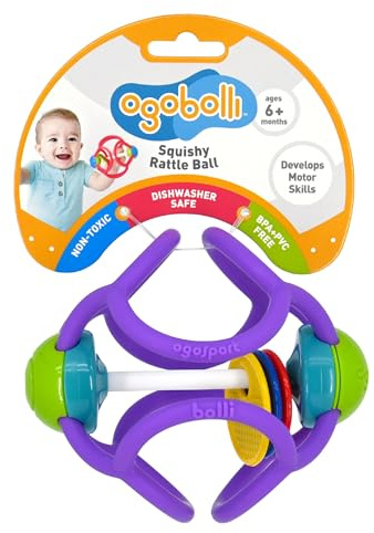 OgoBolli Teether Ring Tactile Sensory Ball and Baby Rattle Toy for Babies & Toddlers - Stretchy, Squishy, Soft, Non-Toxic Silicone - Boys and Girls Age 6+ Months - Purple