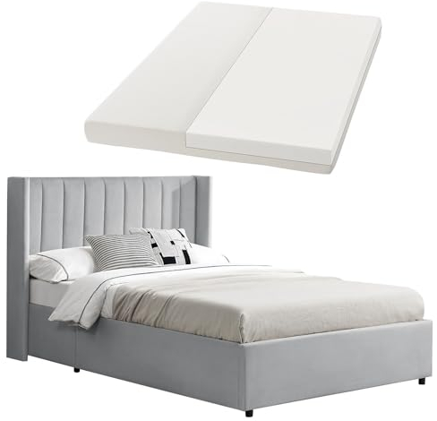 Juskys Polsterbett Savona 120x200 cm mit Matratze, Bett mit Stauraum, Samt-Bezug, Bettgestell aus Holz, bis 250 kg, großes Kopfteil, Hellgrau