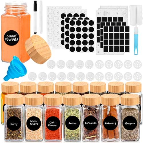 AOUVT Barattoli Portaspezie in Vetro e Legno,15 Pcs Barattoli Portaspezie Quadrato,Barattolo per Spezie con Setaccio,Etichetta,Pennello,Imbuto,Barattolo per Spezie da 120 ml con Coperchio in Bambù