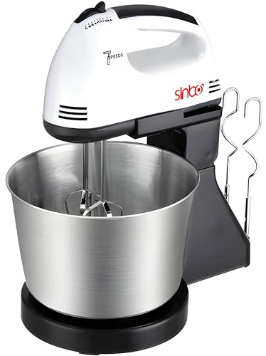Retoo Handmixer mit Schüssel, Handrührer, Eierschläger, 100W, 220V, 7 Stufen, Leicht, Leise, Handrührgerät, Turbotaste, Rührmixer, Rührbesen, Geschwindigkeitsschalter, Weiß, Silber
