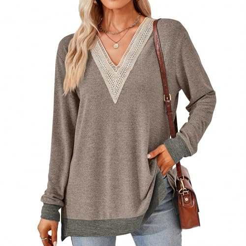 SHEYOW Femme Chemise Élégante à Col en V Manches Longues Blouse Tunique Décontractée Haut Casual Tops Doux (2XL, Marron)