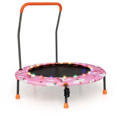 COSTWAY Trampolino per Bambini da Interno ed Esterno, Tappeto Elasctico Bambini 3-6 Anni in Acciaio con Maniglia Rimovibile, Luci LED, Cuscinetti Antiscivolo e Copertura Protettiva (Rosa)