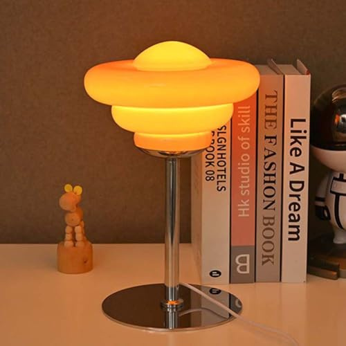 LOGT Orange Tischlampe LED Innen Pilz Lampe mit Kabel Schalter Tischleuchte Dimmbar Vintage Nachttischlampe Glas Lampenschirm Schreibtischleuchte Art Deco Nachtlicht Egg Tart Design Lichter