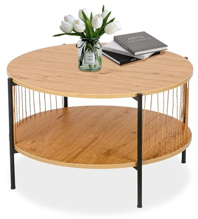 BIGTREE Couchtisch, Satztisch 2er Set, Couchtisch aus Holz, Wohnzimmertisch Modern, Beistelltisch Set mit Metallgestell für Wohnzimmer Balkon Büro (Natürliche Holzfarbe)