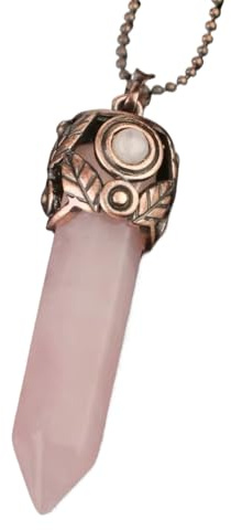 BXSEEF Natural crystal stone pendant red antique copper hexagonal column energy pendant(Rose Quartz Chain)