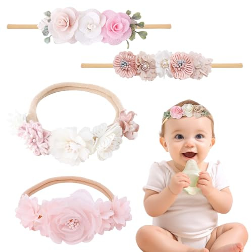 4 Stücke Baby Haarband,Zarte Blumen Nylon Stirnbänder,Stirnband Baby Mädchen,Blume Elastisches Haarband Haarschmuck,Für Party Hochzeit Taufe Familienfoto Geschenke und Partys
