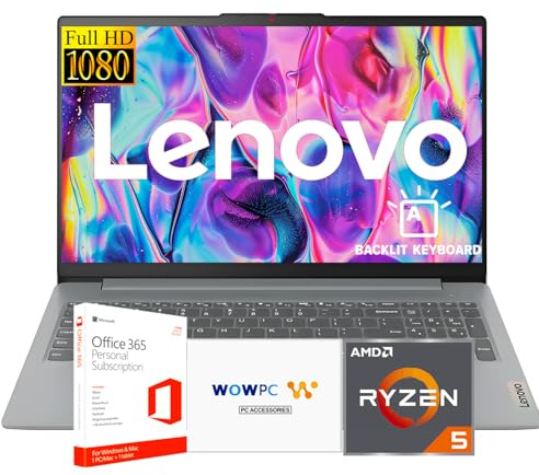 Lenovo Ideapad Slim 3 Laptop para estudiantes y negocios con Microsoft Office, teclado retroiluminado, AMD Ryzen 5 5625U (Beats Intel i7-1260U), pantalla FHD de 15.6 pulgadas, 16 GB de RAM, SSD de 512