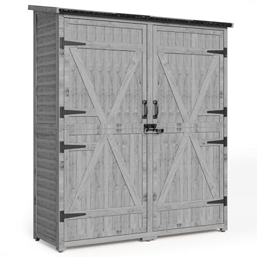 Blishom Armoire de Jardin en Bois, Armoire à Outils avec étagères, Armoire extérieure, abri de Jardin avec Porte,Toit à pignon,abri de Jardin résistant aux intempéries,140x50x162cm,Gris