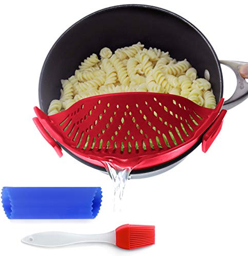 Clip On Kitchen Food Strainer for Spaghetti, Meat, Pasta, & Ground Beef Grease, Colander & Sieve Snaps or Clips Onto Bowls, Pots & Pans Includes Silicone Drainer, Brush & Garlic Peeler (Dk Red)