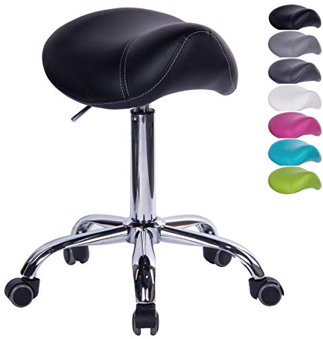 1stuff® Sattelhocker Sattelstuhl MULY - Sitzhöhe bis ca. 74cm - ergonomischer Rollhocker Bürohocker Arzthocker Arbeitshocker Praxishocker Drehhocker (Lederimitat schwarz)