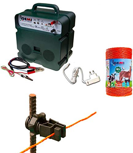 Recinto elettrico Kit con 1 Elettrificatore a doppia alimentazione 12V / 220V + 1 Filo 500 MT 4 Mm² + 100 pezzi isolatori per paletti in ferro - Recinzione Elettrica per cavalli mucche cinghiali