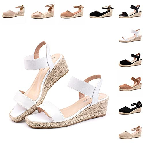 Hitmars Sandalias Mujer Alpargatas Cuña Zapatos Esparto Correa de Tobillo Cerradas Espadrilles Plataforma Boda 6 CM 3 Blanco Talla 42 EU