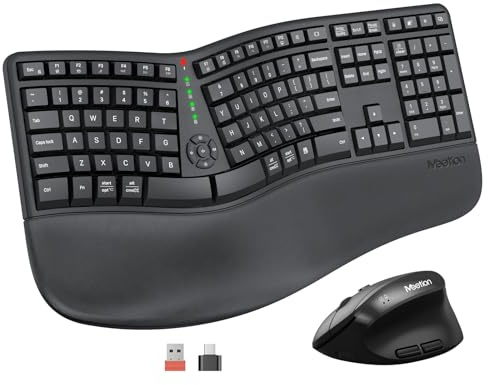 MEETION Ergonomic Keyboard and Mouse, Wireless Keyboard with Vertical Mouse, Split Curved Keyboard with Wrist Rest, Natural Typing USB Receiver Rechargeable Full Size, Windows/Mac/PC/Laptop, Large