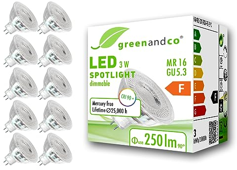 greenandco 10x MR16 GU5.3 | dimmbar | ersetzt 28W | warmweiß 2700K | CRI 90+ | 3W 250 lm | 38° | flimmerfrei | COB LED Spot | 12V AC/DC