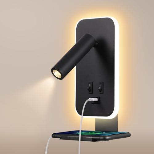 AWEKLIY 3W+9W LED leselampe wandlampe USB-Aufladung +Handyablage, Mit Schalter, Wandleselampe, Nachttischlampe, Schlafzimmeratmosphärenlampe, drehbare Wandlampe, für Schlafzimmerhotel, 3100K Schwarz