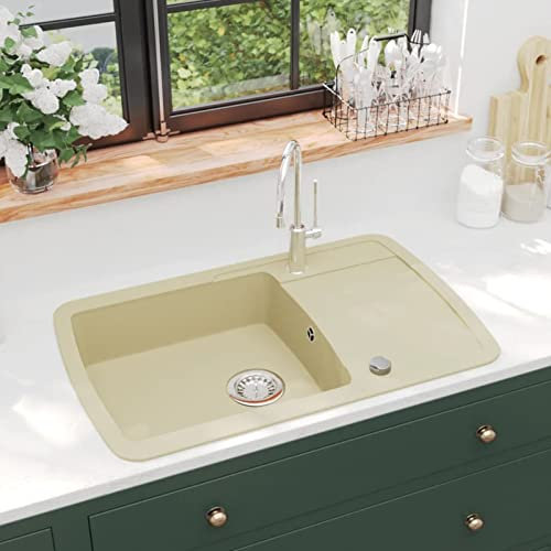 LAPOOH Évier de Cuisine Granit Seul lavabo Beige,Vasque À Poser Salle De Bain,Lavabo Salle De Bain