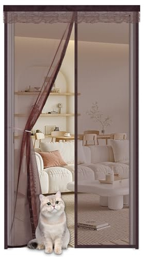 Magnetic Fly Screen Door 95x225cm,Magnetic Curtain,Fly Screen Mesh Curtain with Powerful Magnets and Lace,Insect Protection Door,Keep Bugs Out Lets Fresh Air in Without Drilling,Brown
