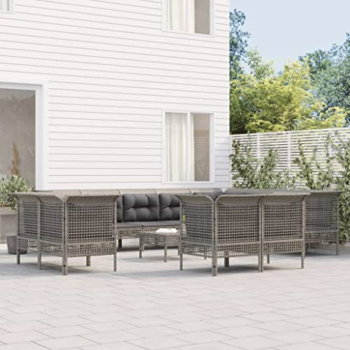 QZZCED Balkonmöbel-Set Garten-Loungemöbel Terrassengarnitur Gartenmöbel-Sets 13-TLG. Garten-Lounge-Set mit Kissen Grau Poly Rattan für Garten, Terrasse und Balkon