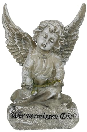 Goldbach Grabschmuck Grabengel 13cm Engel mit Rose auf Stein mit der Aufschrift Wir vermissen Dich Schutzengel Figur Statue Trauerengel Wetterfest Frostfest Grab